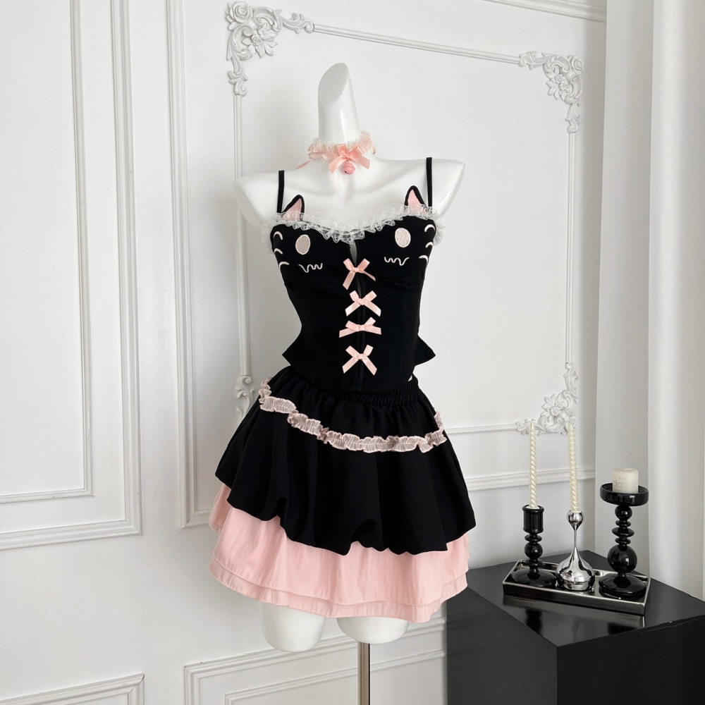 Slim sling enticement tops cartoon summer kitten skirt a set