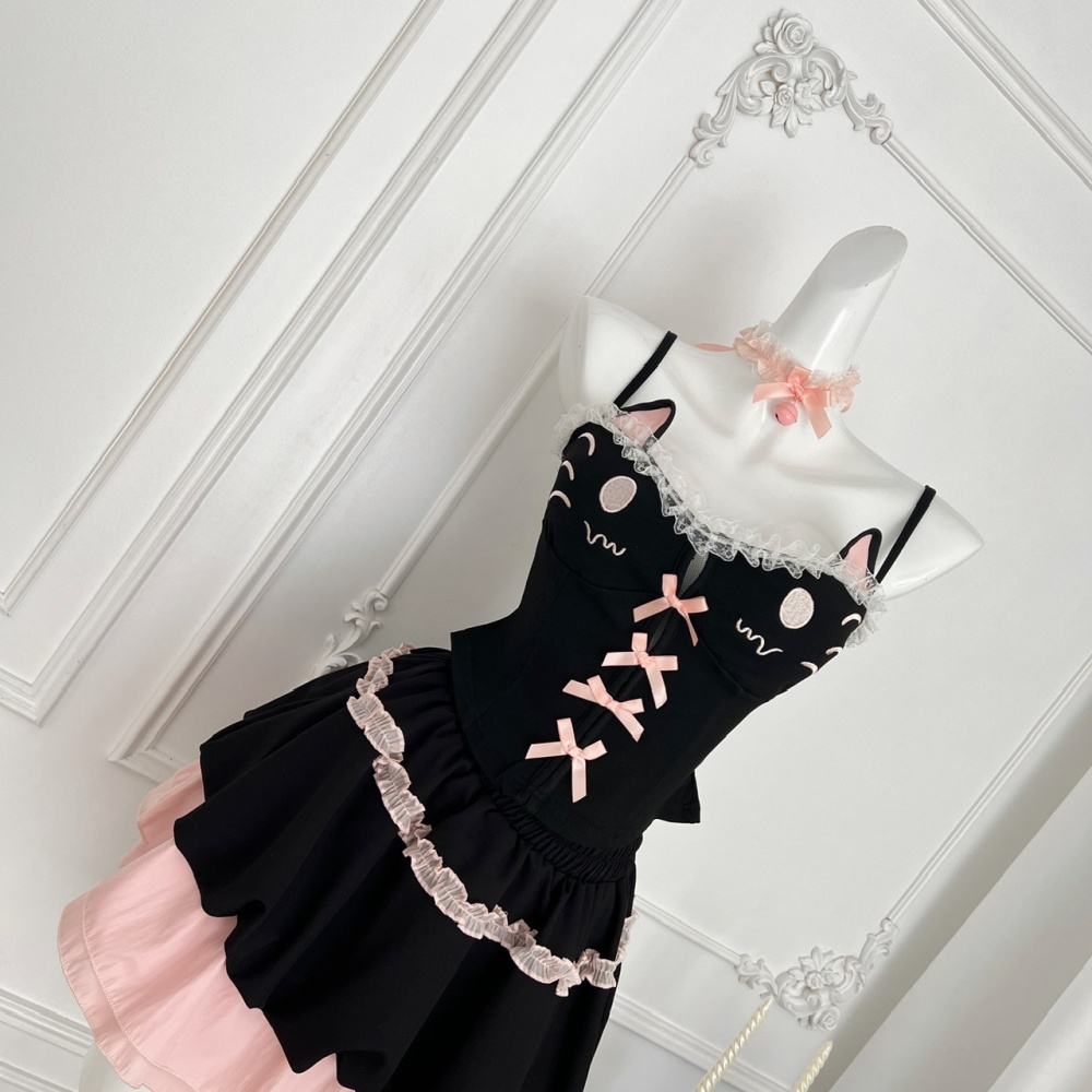 Slim sling enticement tops cartoon summer kitten skirt a set