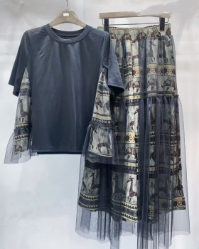 National style splice T-shirt slim loose skirt a set