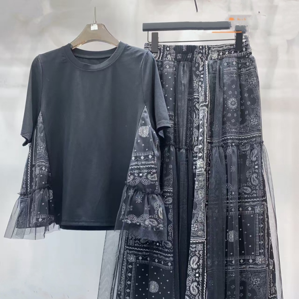 National style splice T-shirt slim loose skirt a set