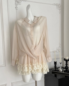Irregular elegant shirt chiffon lace short skirt a set