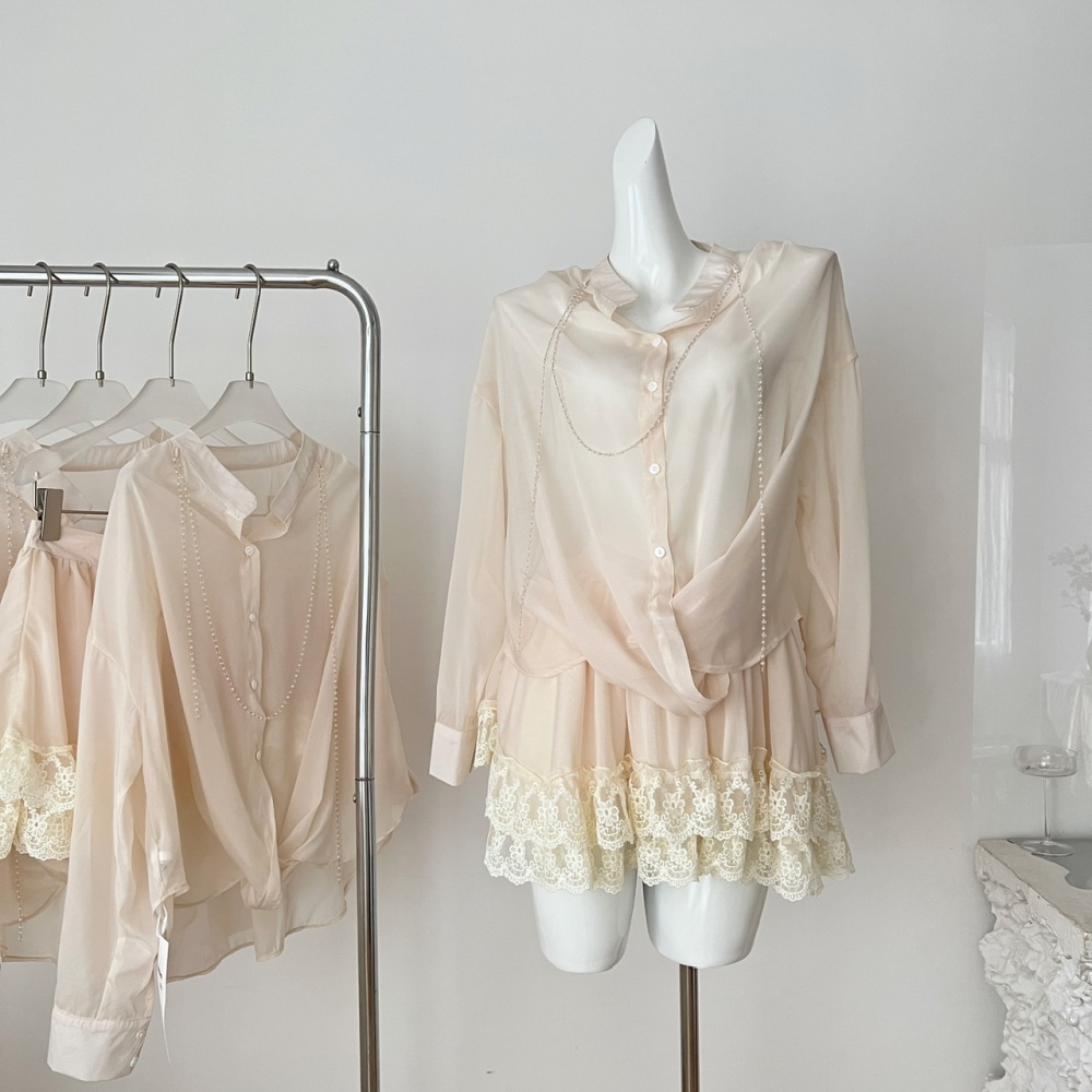 Irregular elegant shirt chiffon lace short skirt a set