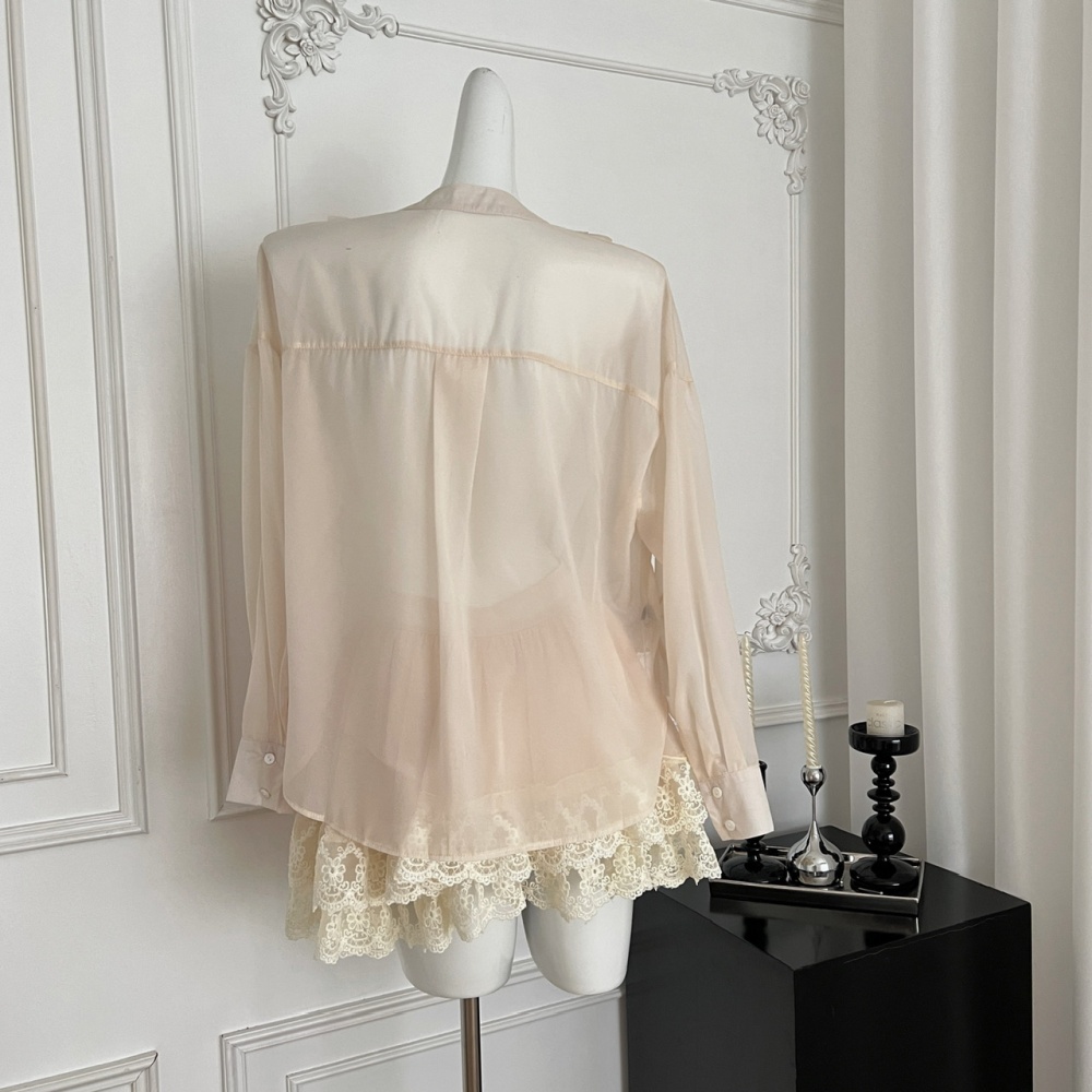 Irregular elegant shirt chiffon lace short skirt a set