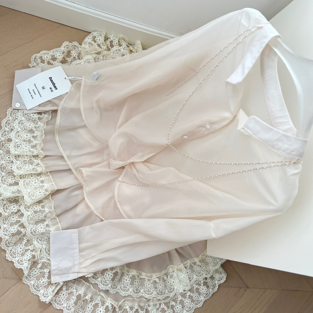 Irregular elegant shirt chiffon lace short skirt a set