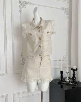 Sleeveless lace chanelstyle tops flax summer shirt 2pcs set