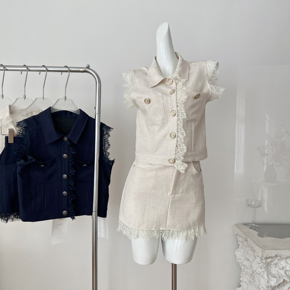 Sleeveless lace chanelstyle tops flax summer shirt 2pcs set