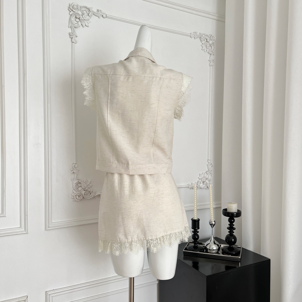 Sleeveless lace chanelstyle tops flax summer shirt 2pcs set