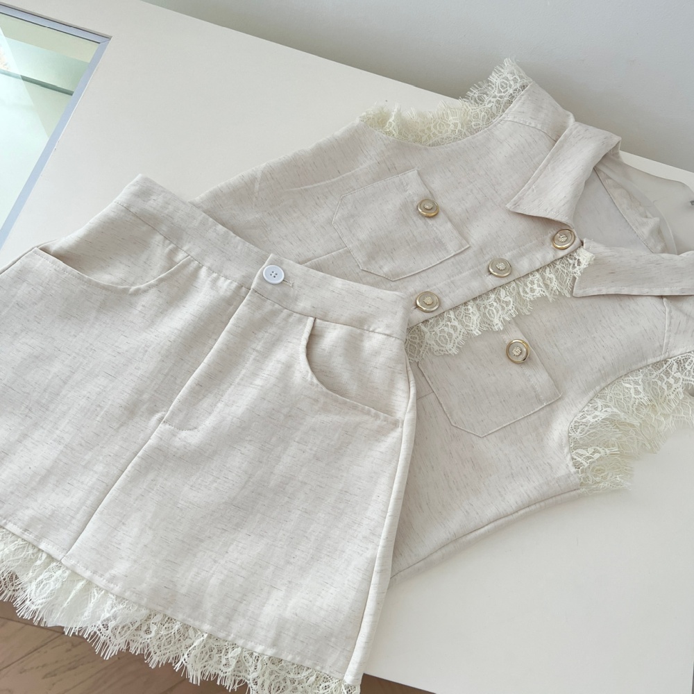 Sleeveless lace chanelstyle tops flax summer shirt 2pcs set