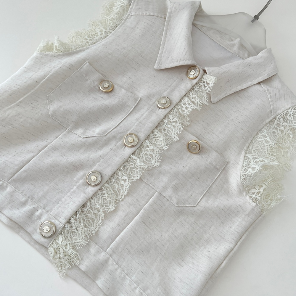 Sleeveless lace chanelstyle tops flax summer shirt 2pcs set