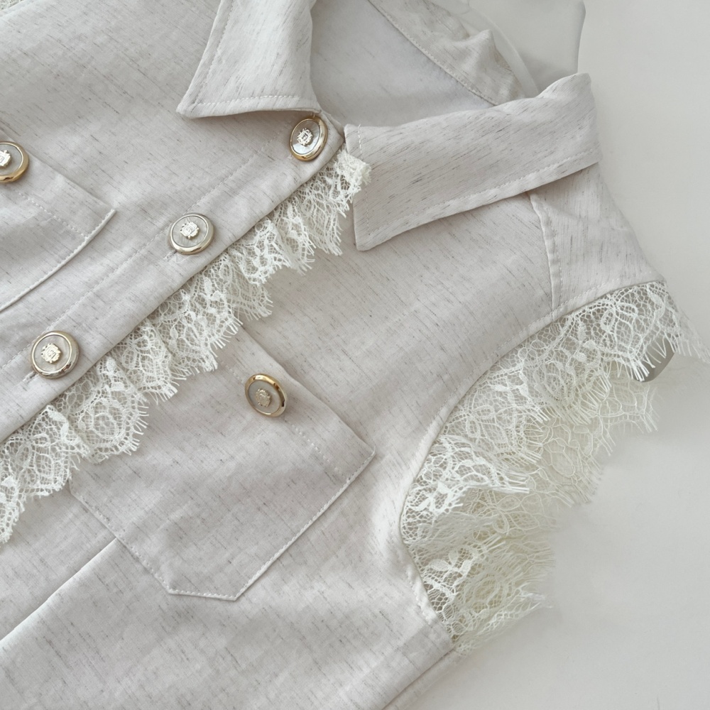 Sleeveless lace chanelstyle tops flax summer shirt 2pcs set