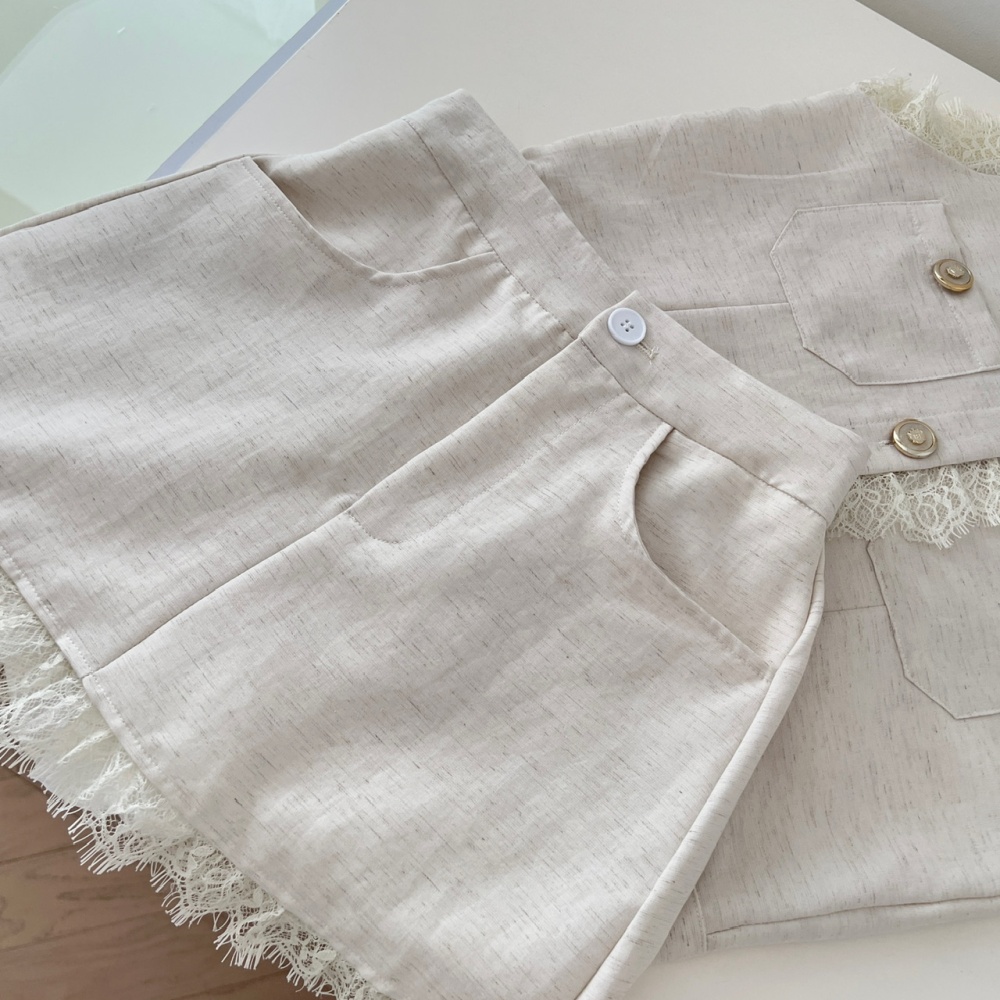 Sleeveless lace chanelstyle tops flax summer shirt 2pcs set