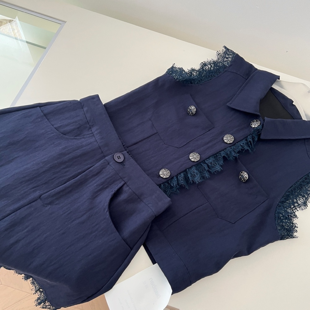 Sleeveless lace chanelstyle tops flax summer shirt 2pcs set