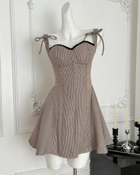Line summer plaid slim accent high waist dress