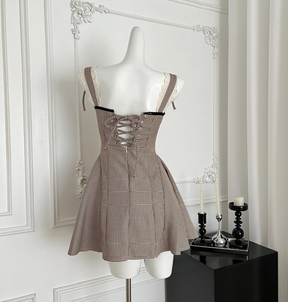 Line summer plaid slim accent high waist dress