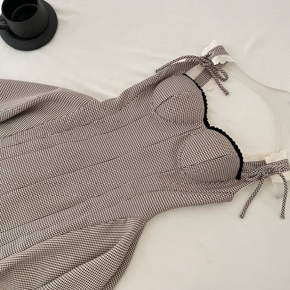 Line summer plaid slim accent high waist dress