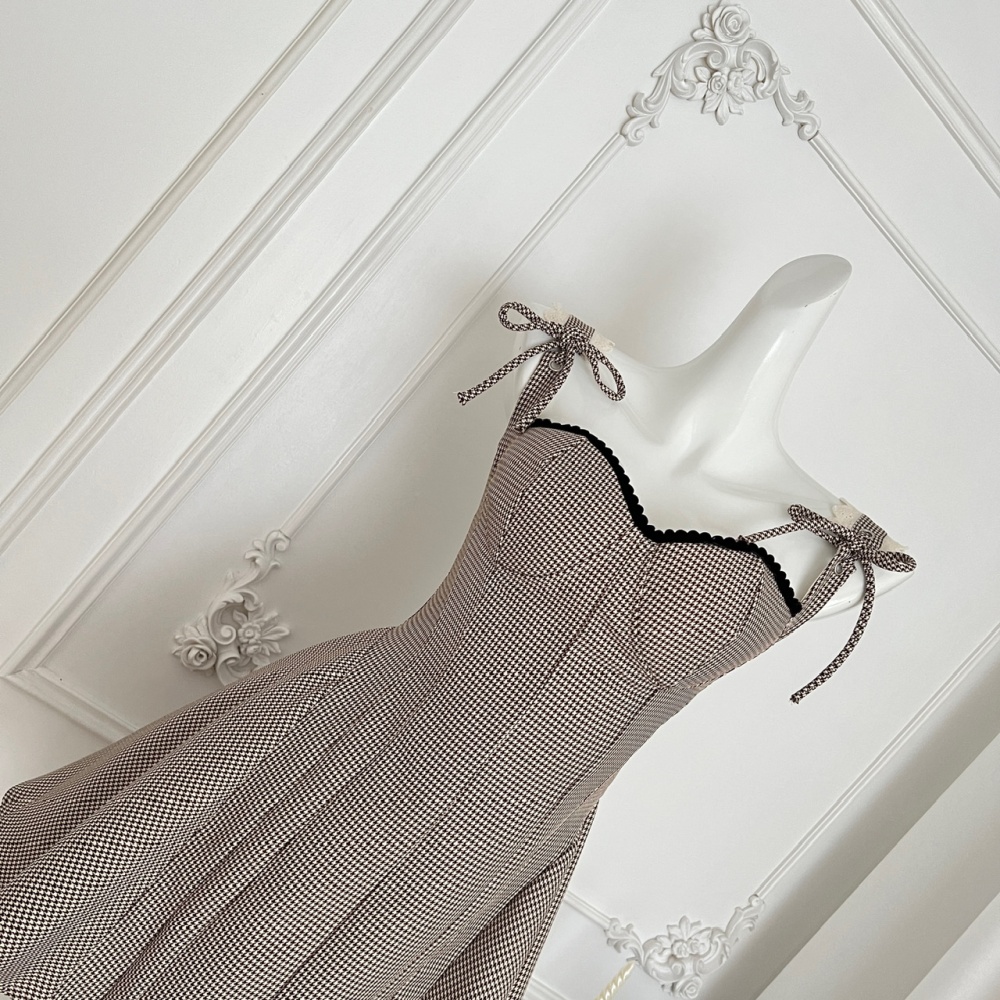 Line summer plaid slim accent high waist dress