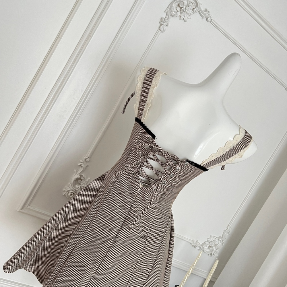 Line summer plaid slim accent high waist dress