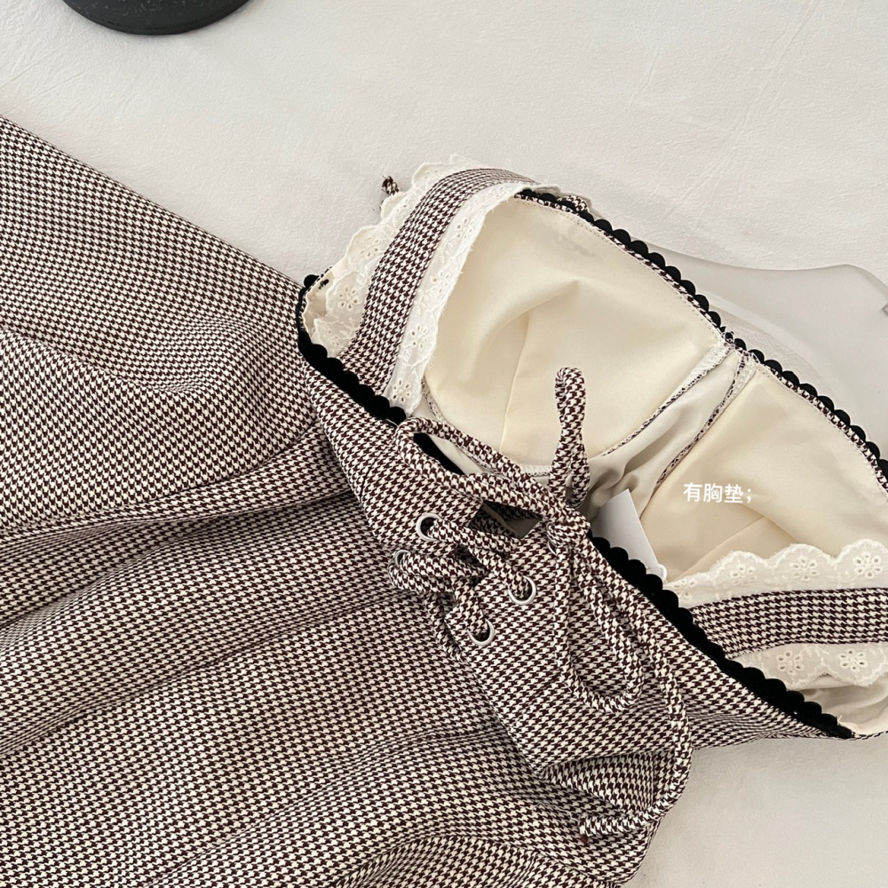 Line summer plaid slim accent high waist dress
