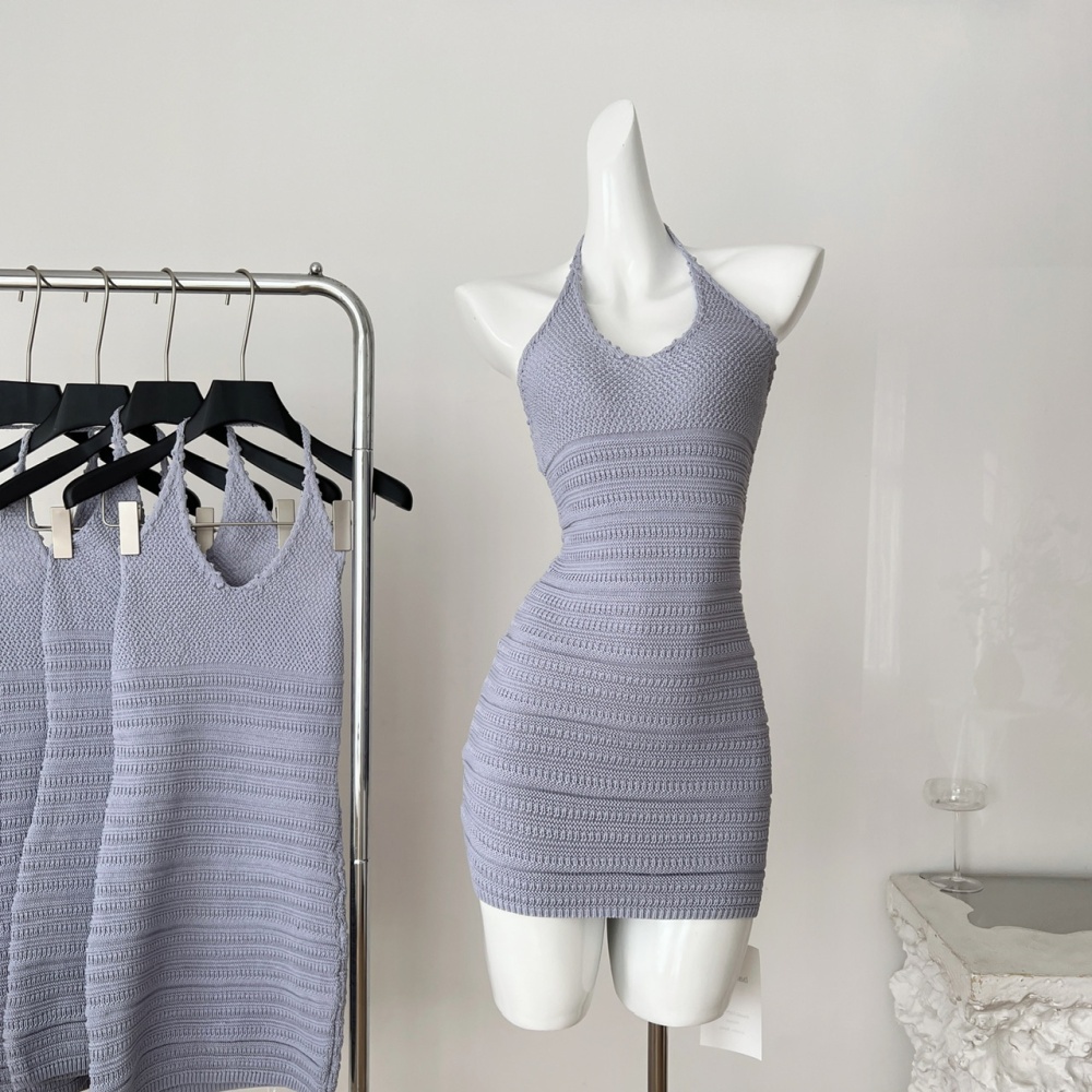 Halter short knitted long was white T-back
