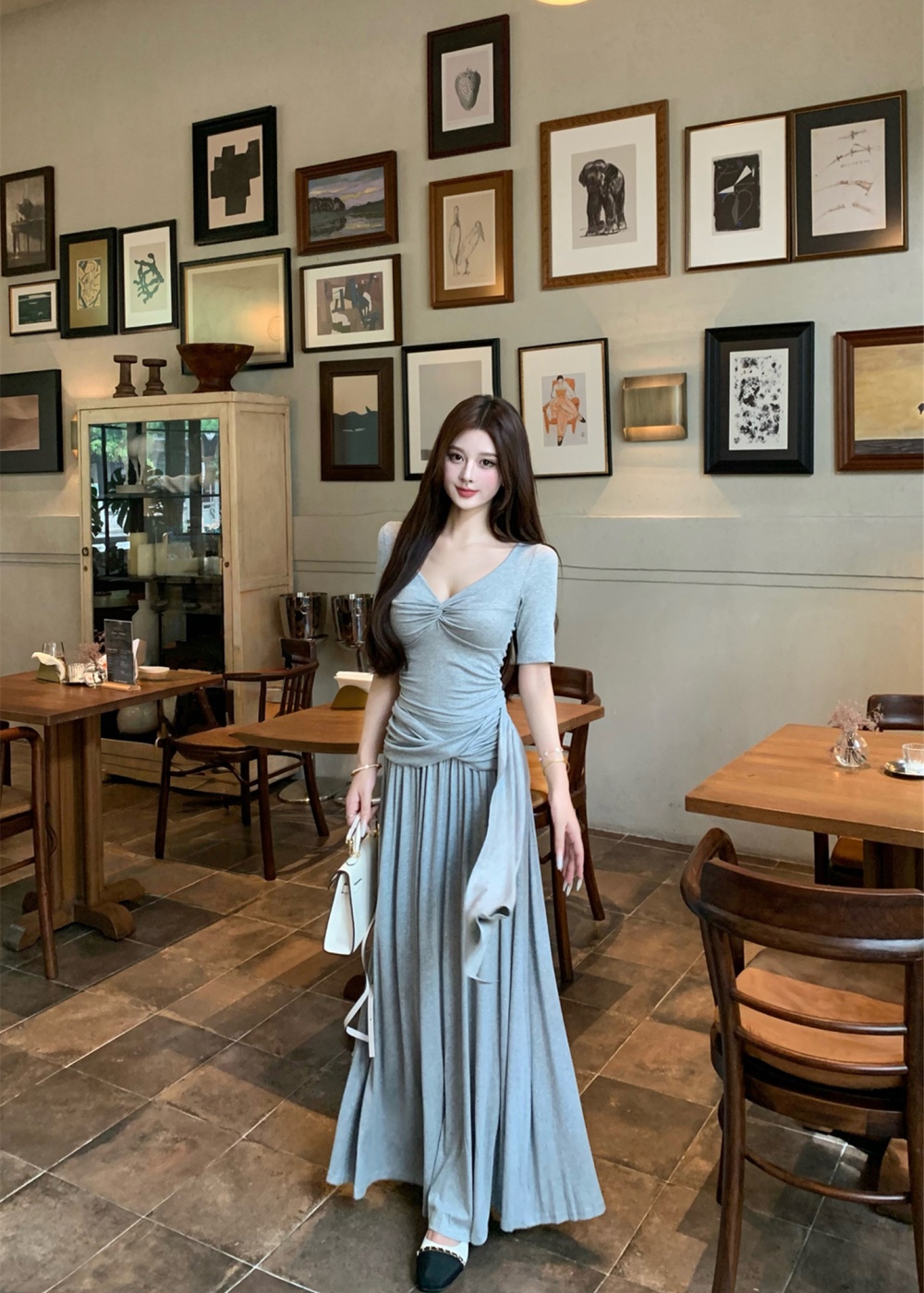Temperament slim tops Casual V-neck skirt 2pcs set for women