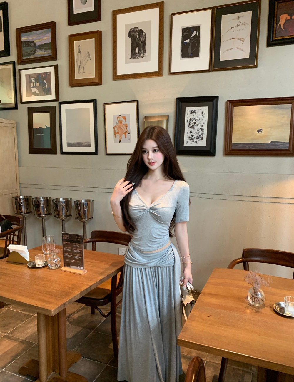 Temperament slim tops Casual V-neck skirt 2pcs set for women
