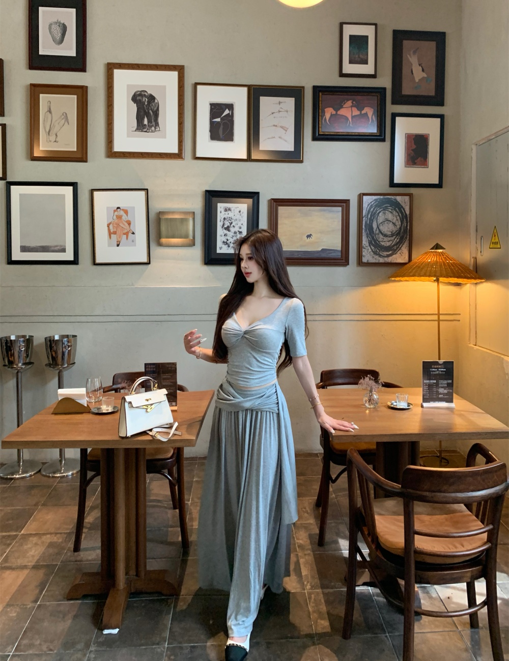 Temperament slim tops Casual V-neck skirt 2pcs set for women