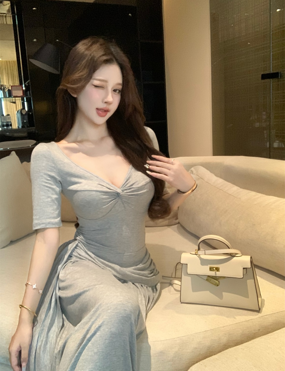 Temperament slim tops Casual V-neck skirt 2pcs set for women