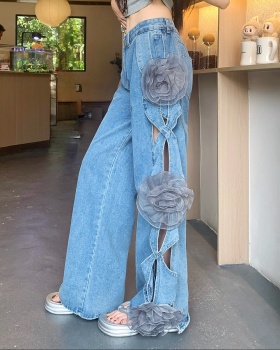 Hollow flowers loose wide leg pants summer high waist jeans