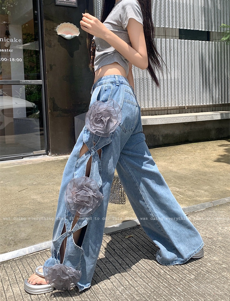 Hollow flowers loose wide leg pants summer high waist jeans