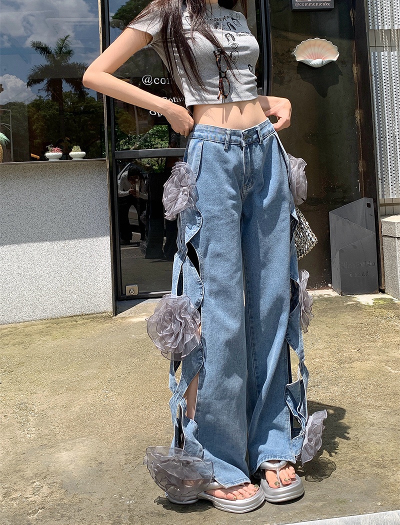 Hollow flowers loose wide leg pants summer high waist jeans