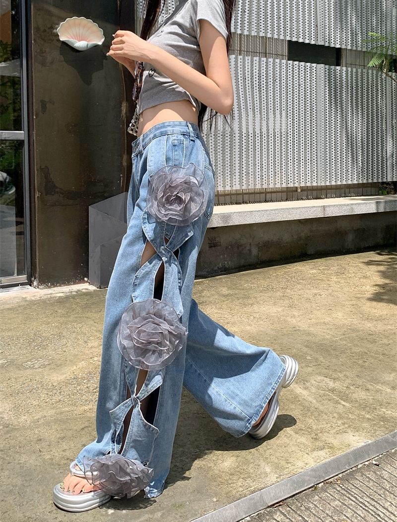 Hollow flowers loose wide leg pants summer high waist jeans