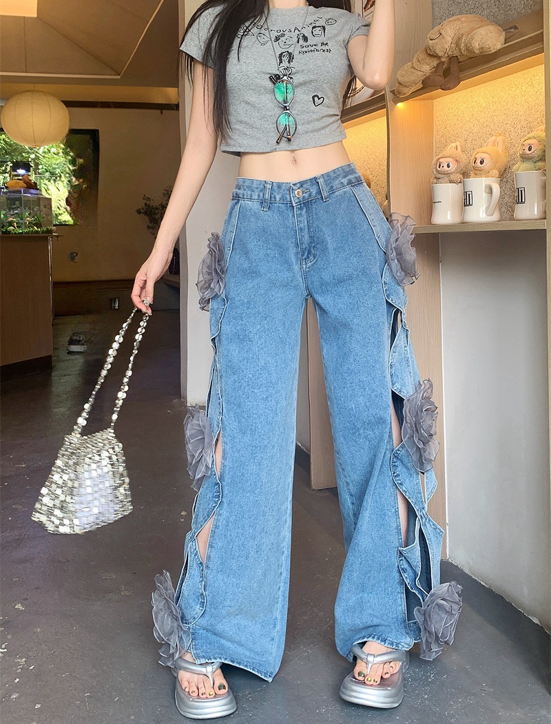 Hollow flowers loose wide leg pants summer high waist jeans