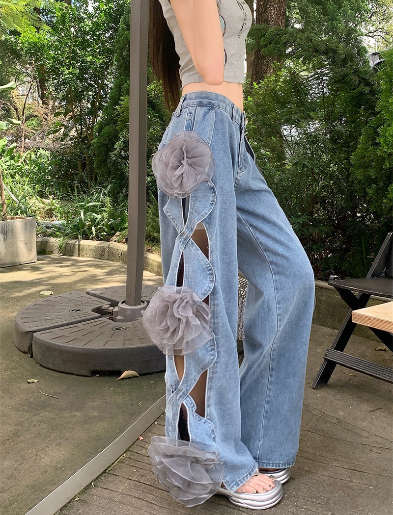 Hollow flowers loose wide leg pants summer high waist jeans