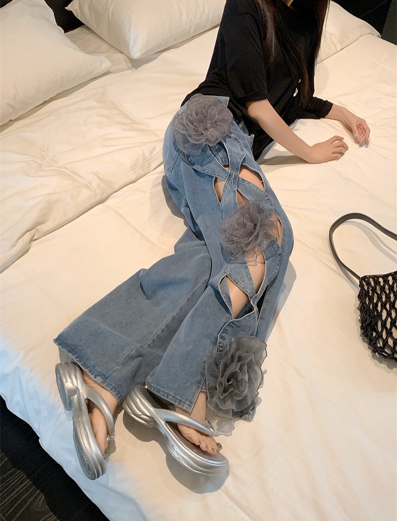 Hollow flowers loose wide leg pants summer high waist jeans