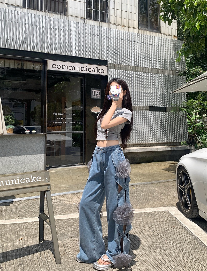 Hollow flowers loose wide leg pants summer high waist jeans