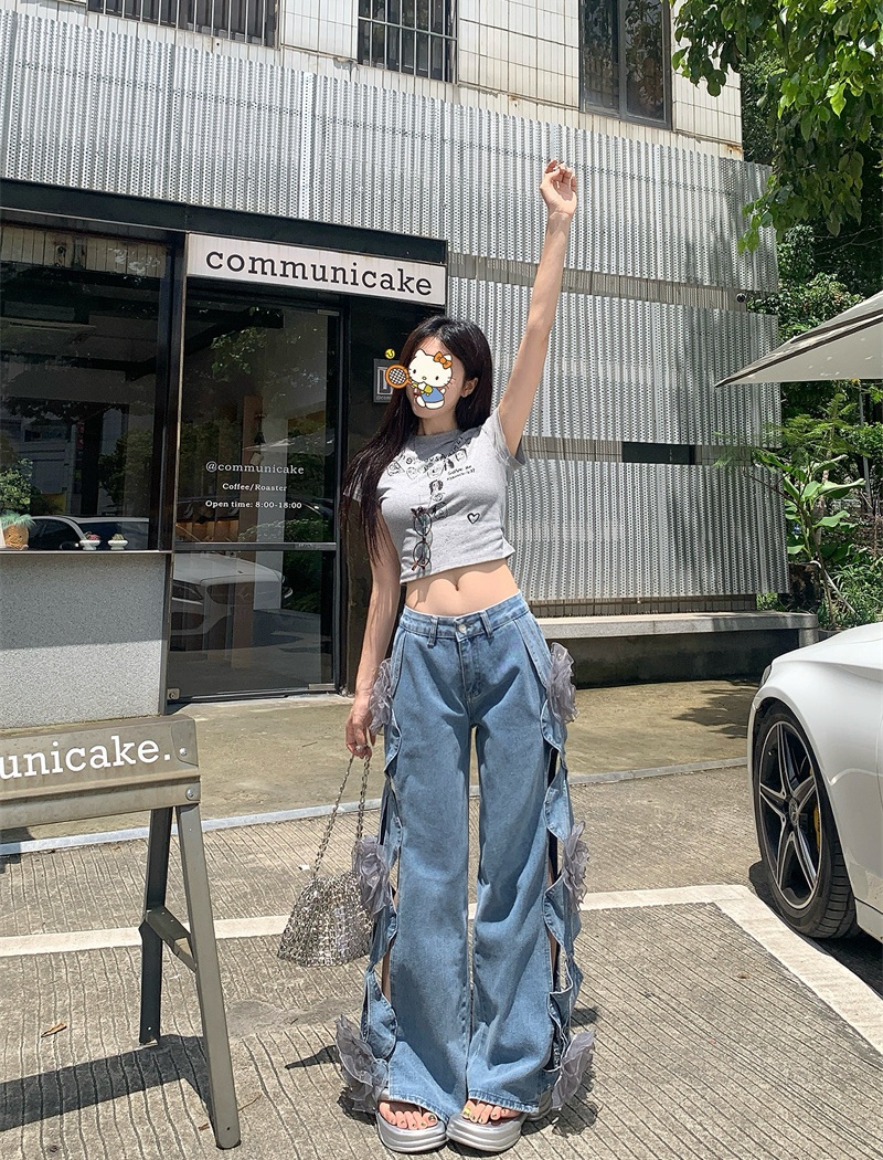 Hollow flowers loose wide leg pants summer high waist jeans