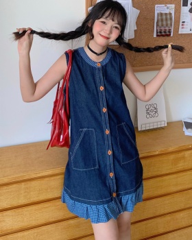 Plaid denim dress summer splice sleeveless dress for women