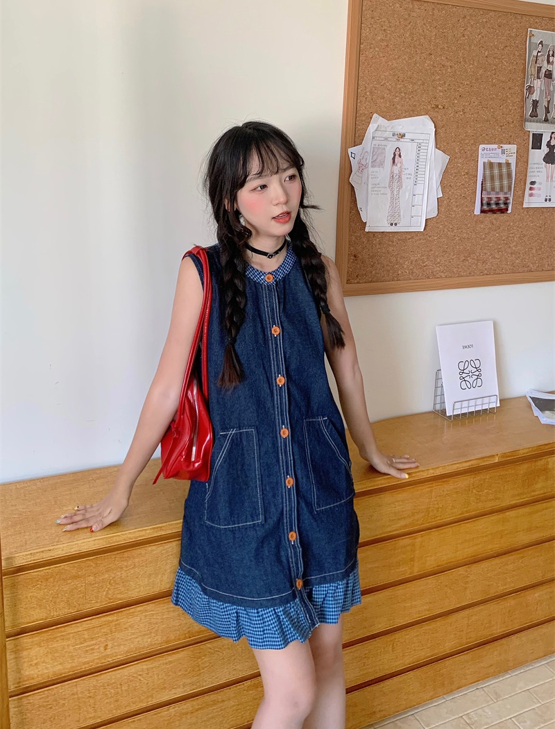 Plaid denim dress summer splice sleeveless dress for women