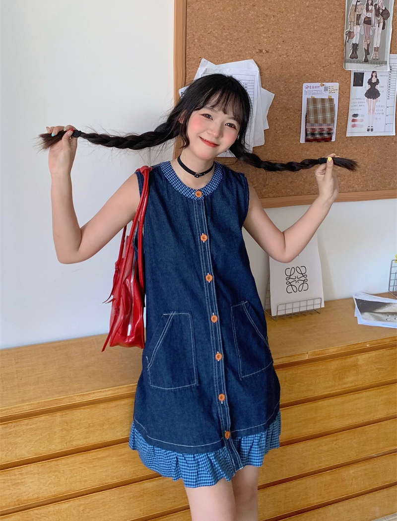 Plaid denim dress summer splice sleeveless dress for women