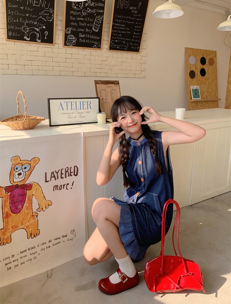Plaid denim dress summer splice sleeveless dress for women