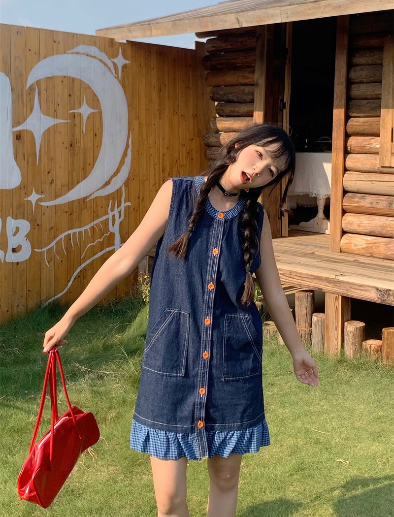 Plaid denim dress summer splice sleeveless dress for women