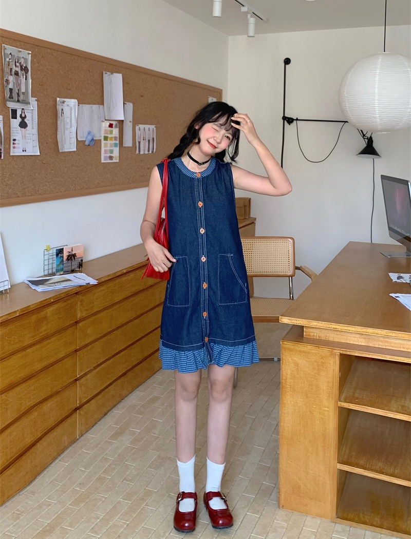 Plaid denim dress summer splice sleeveless dress for women