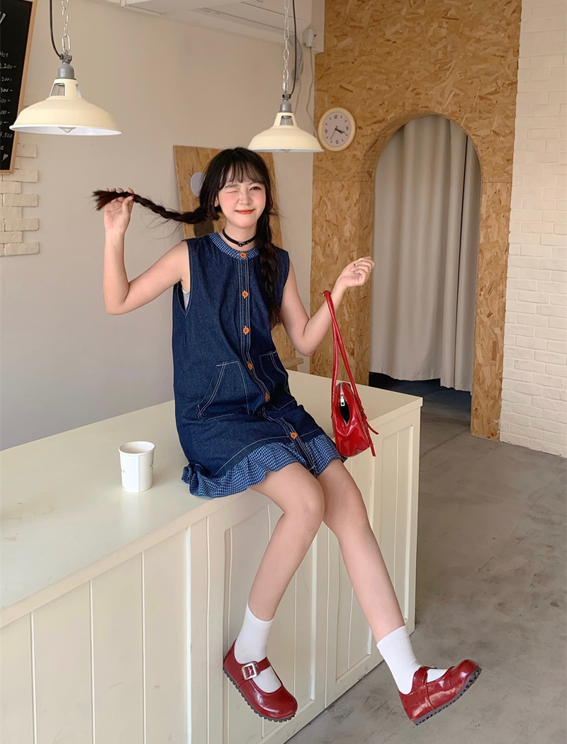 Plaid denim dress summer splice sleeveless dress for women