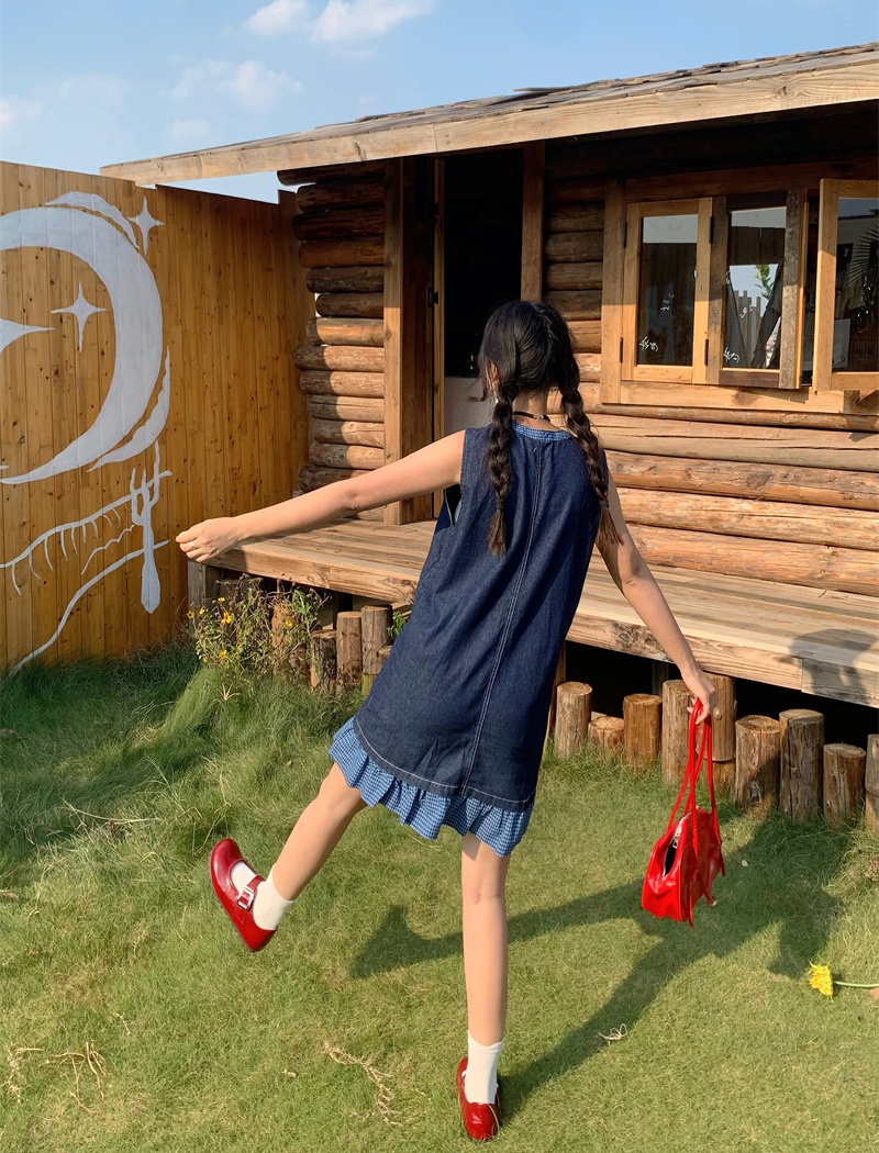 Plaid denim dress summer splice sleeveless dress for women