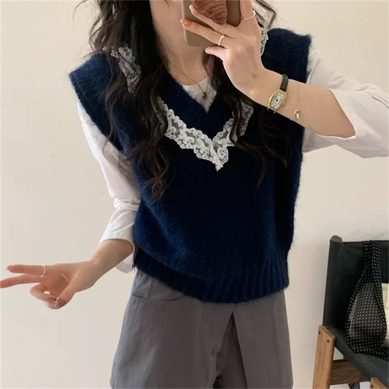 Show young V-neck tops lace knitted sweater for women