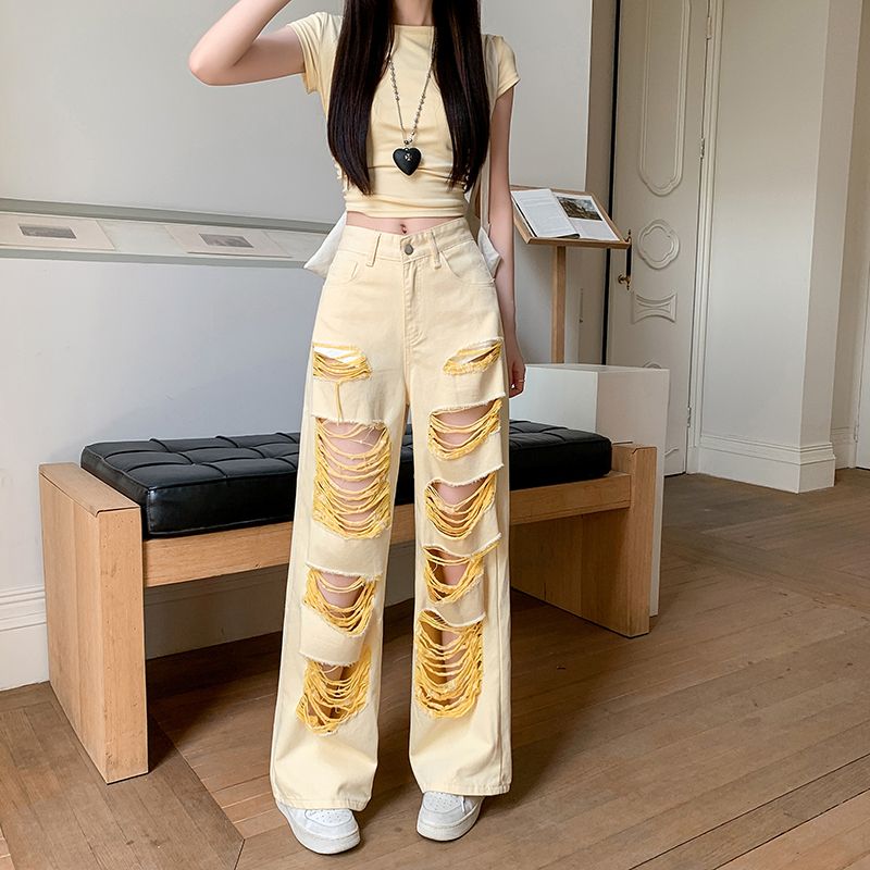 Wide leg niche jeans spicegirl holes long pants for women