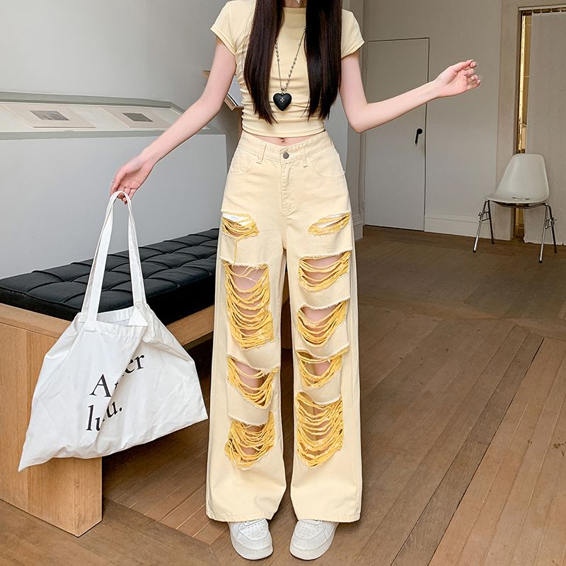 Wide leg niche jeans spicegirl holes long pants for women