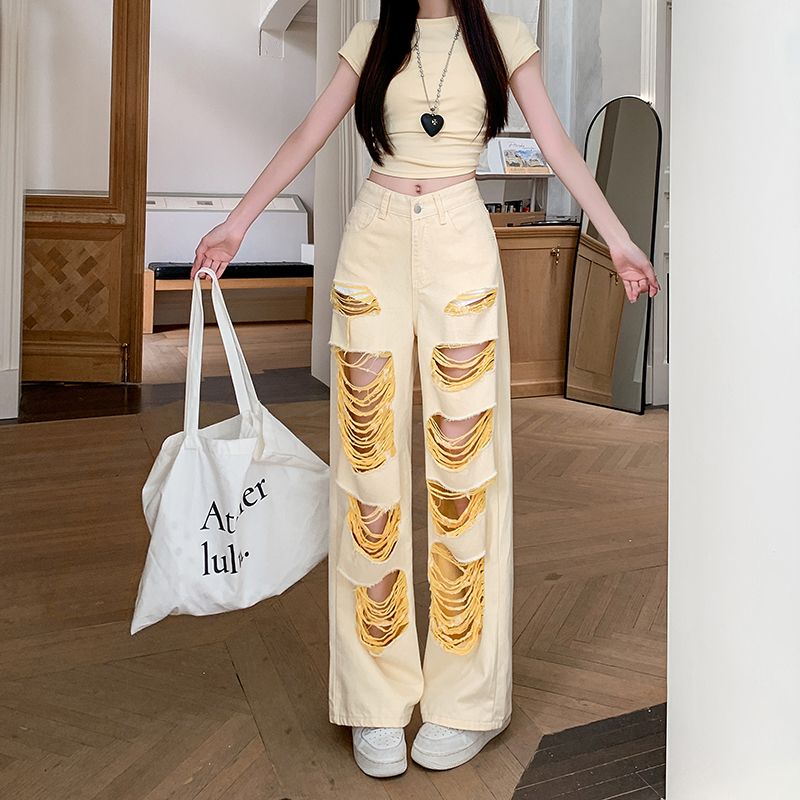 Wide leg niche jeans spicegirl holes long pants for women