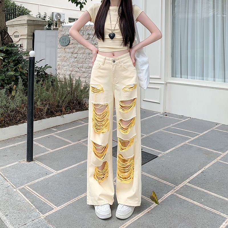Wide leg niche jeans spicegirl holes long pants for women