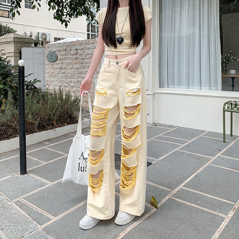 Wide leg niche jeans spicegirl holes long pants for women